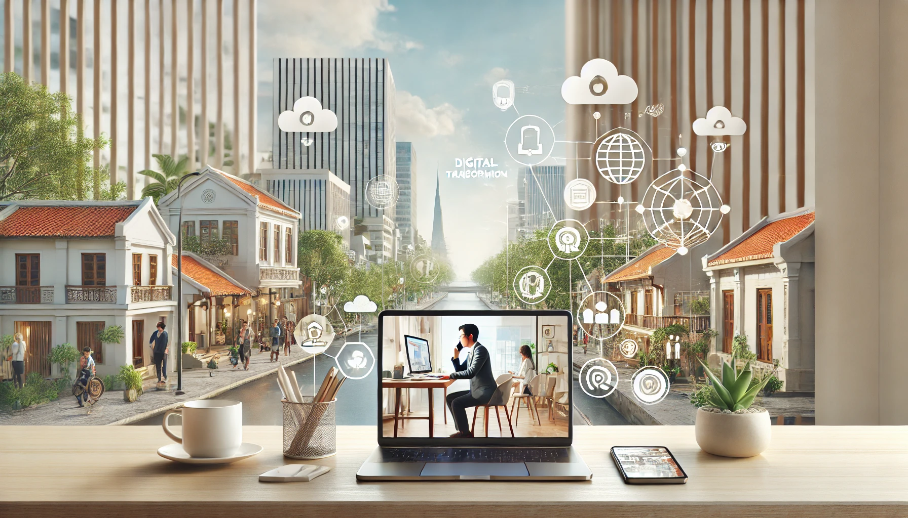A clean and modern scene depicting the future of work in Vietnam