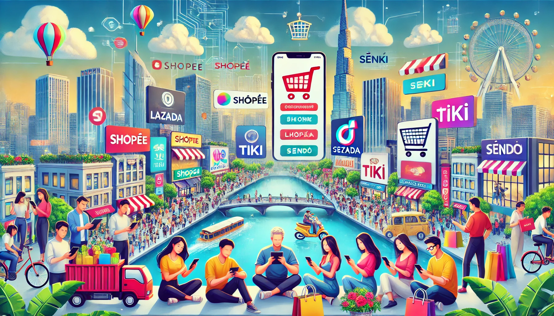 Vietnam with a diverse group of people shopping online